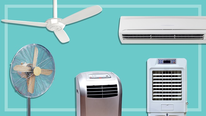 several different fans and air conditioners on a teal background